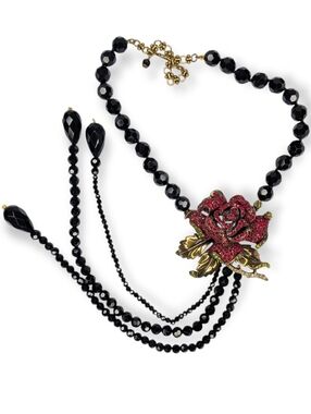 Heidi Daus Rose Elegance Collection Necklace Black Crystal Beaded Lariat Tassel